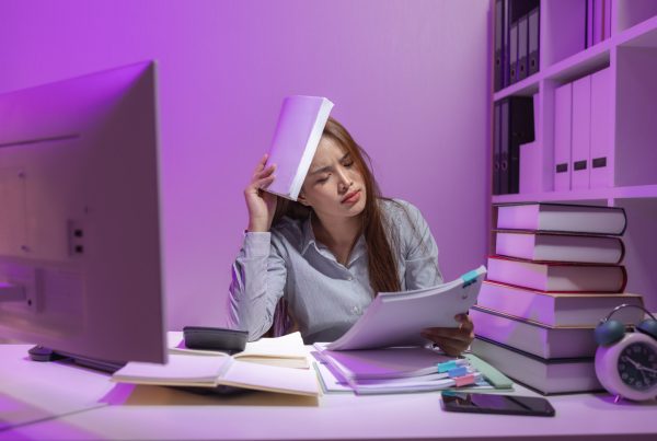 a female supervisor is working overtime at the company stressed because there are many documents that need to be solved in time, tired, businesswoman, deadline, overwork, exhausted