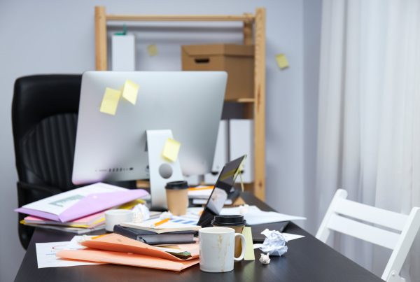 Messy office workplace, workplace and workspace concept