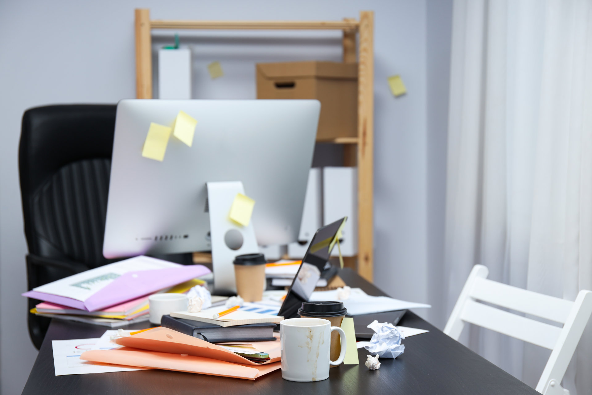 Messy office workplace, workplace and workspace concept